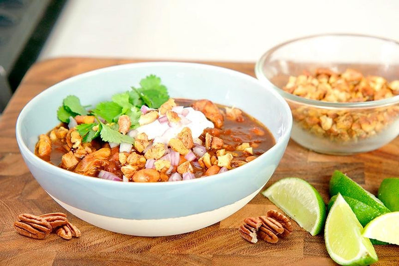Millican Pecan - Leftover Turkey Chili Topped with Chili-Toasted Pecans