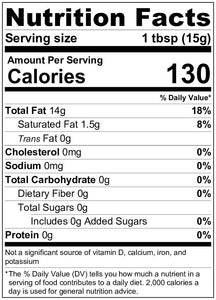 Pecan Oil - nutrition label