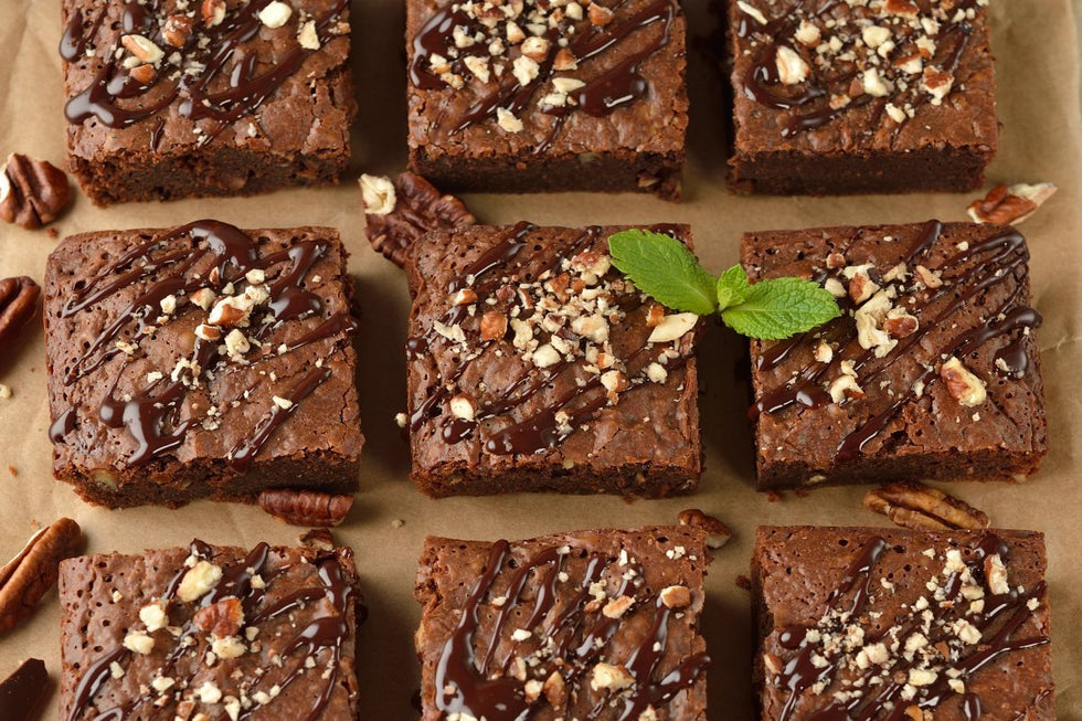 Overhead view of indulgent pecan pie brownies