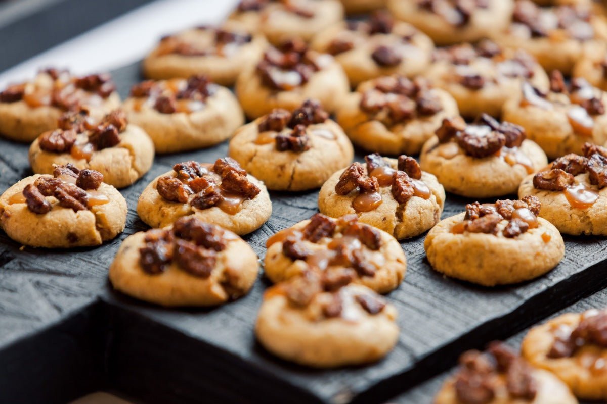 Pecan pie cookies on a tray to showcase a delicious pecan pie cookies recipe.