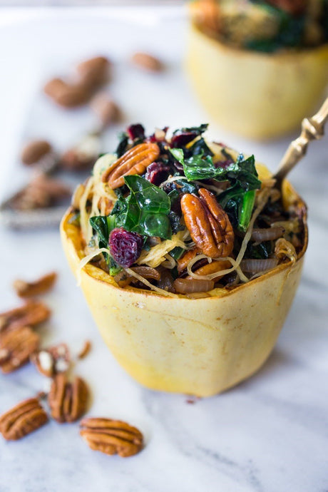Stuffed Spaghetti Squash with Pecans, Kale and Dried Cranberries
