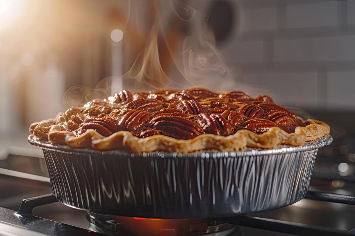 Steaming pecan pie baking in oven at 350 degrees Fahrenheit