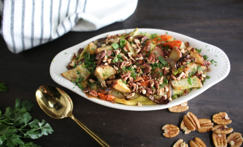 Millican Pecan - Roasted Veggies and Potato Mash with Toasted Pecans