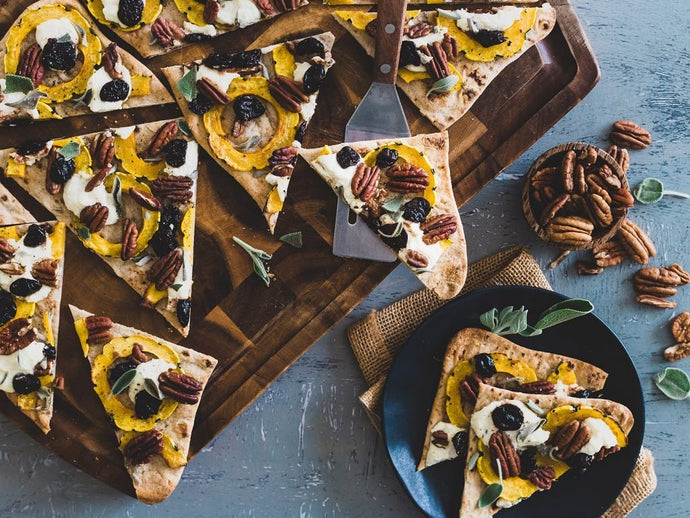 Pecan and Squash Flatbread with Dried Cherries and Ricotta
