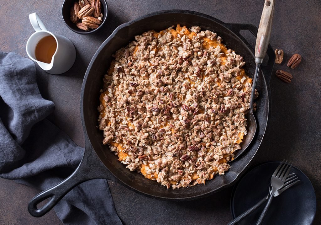 Millican Pecan - Sweet Potato Casserole with Bourbon Pecan Crumble