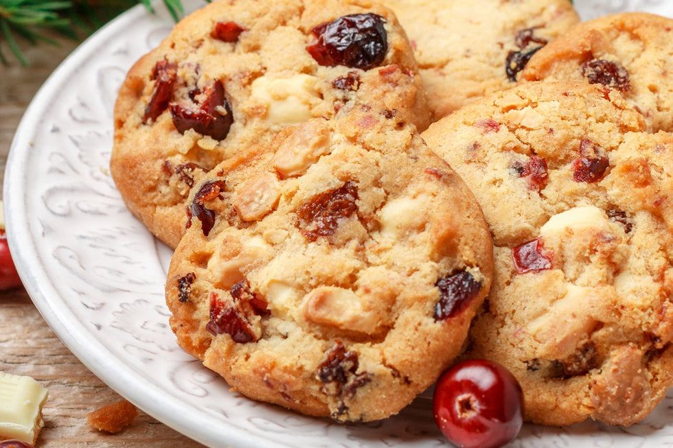 White chocolate cranberry cookies with pecan pieces
