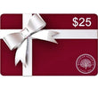 A $10 gift card for American Pecan Co. featuring a deep red background, a white horizontal stripe with a large white bow graphic, and the Millican Pecan Co.