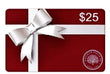 A $25 gift card for Millican Pecan Co. featuring a deep red background, a white horizontal stripe with a large white bow graphic, and the Millican Pecan Co logo