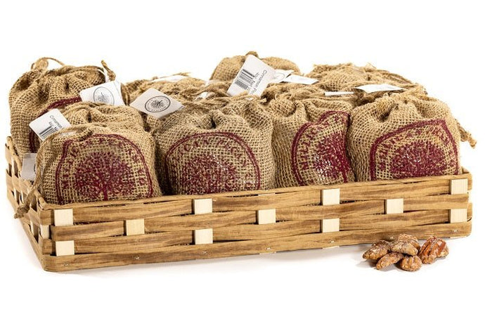 Millican Pecan Cinnamon Pecans Burlap Bags 4oz with Display Basket